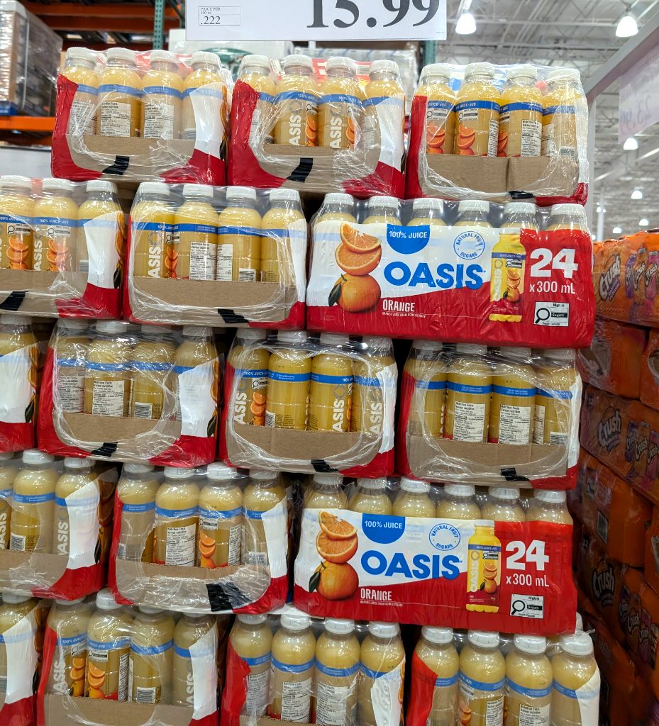Oasis 100% orange juice 24-pack from Costco, 300mL bottles, ideal for family and events.
