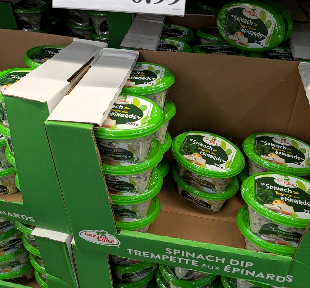 Fontaine Santé Spinach Dip 2x500g from Costco, a creamy vegetable dip for appetizers and parties, priced at $6.99.