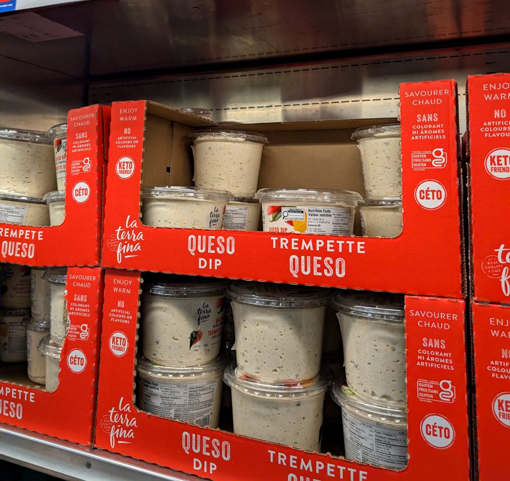 La Terra Fina Queso Dip with Cheddar, an 879g tub of creamy, gluten-free, keto-friendly dip from Costco for $9.99.