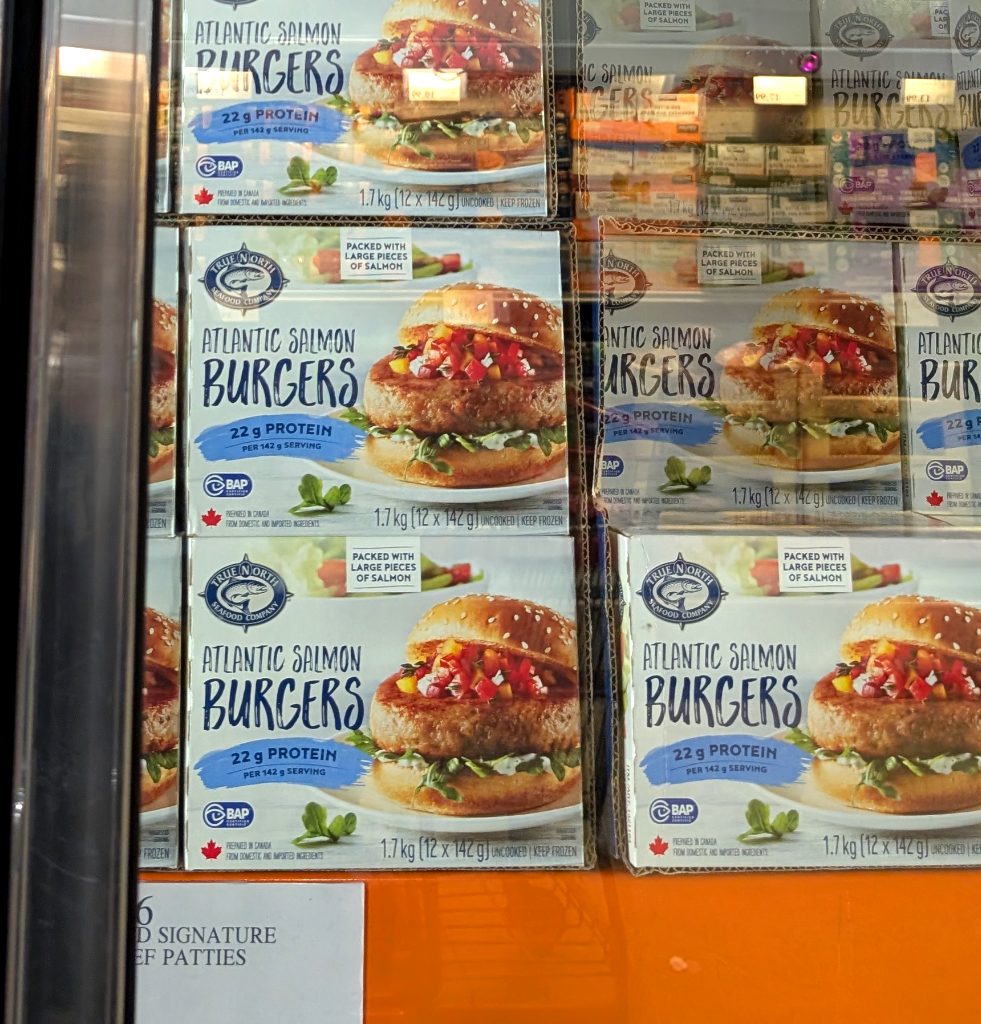 True North Atlantic Salmon Burgers, 1.7 kg, 12 patties, frozen, 22g protein, from Costco for $15.99.