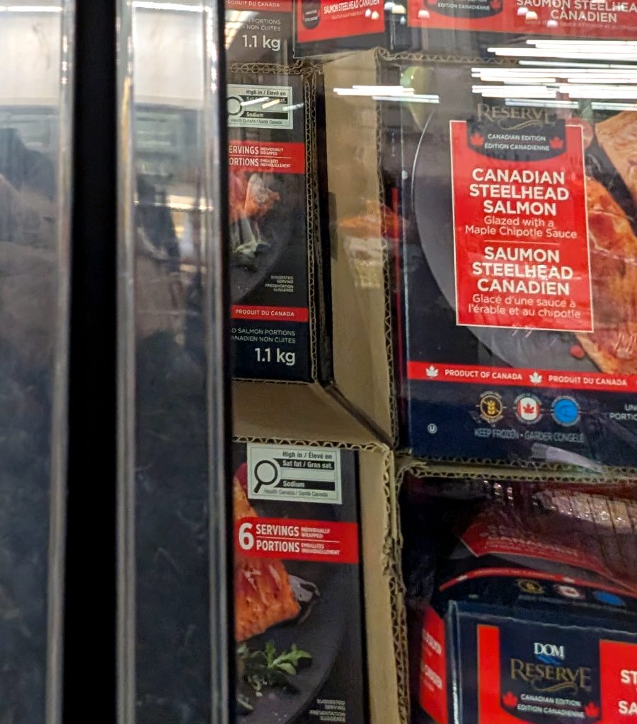 Canadian Steelhead Salmon, 1.1 kg, glazed with maple chipotle sauce from Costco, priced at $18.99.