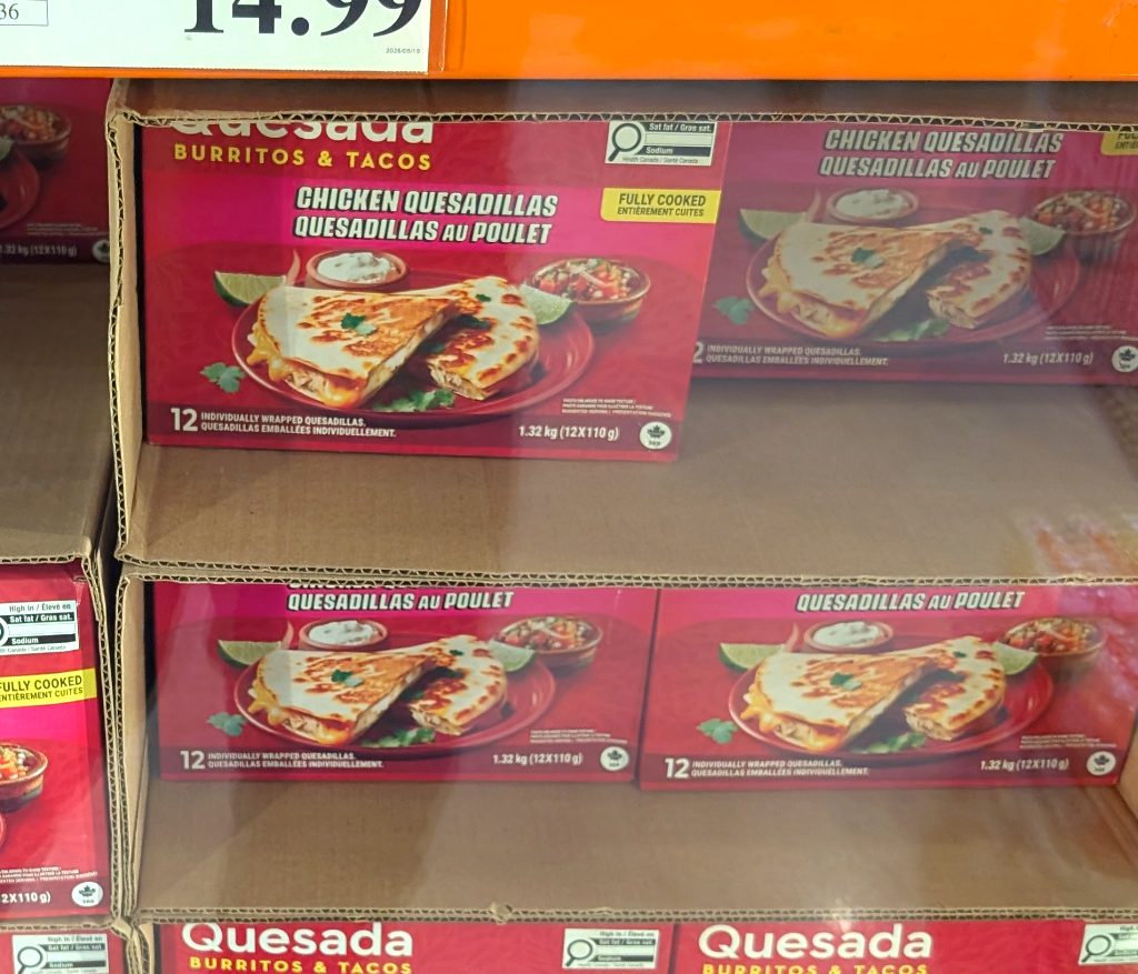 Quesada Chicken Quesadillas, 12-pack, 1.32 kg, fully cooked, ready-to-heat meal from Costco, an easy dinner solution.