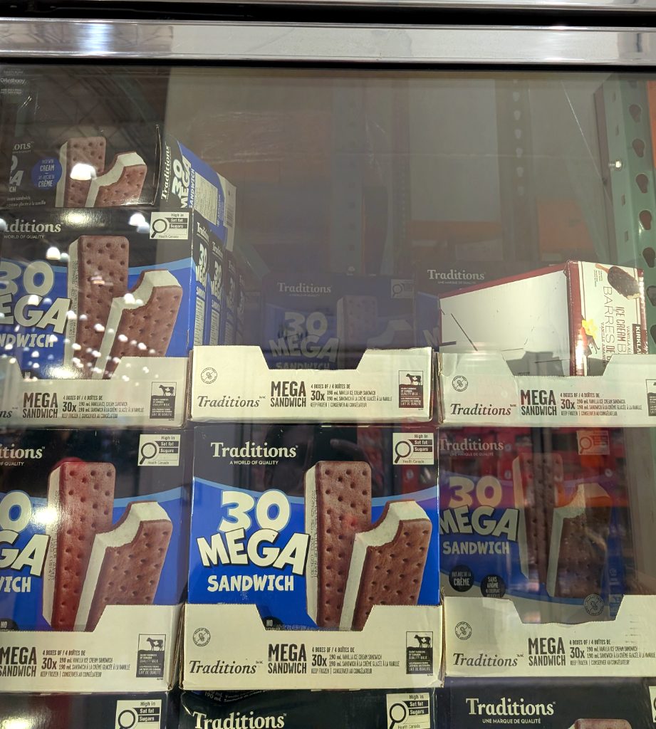 Traditions Vanilla Mega Sandwich, 30-pack of brown and white ice cream treats from Costco for $15.99.