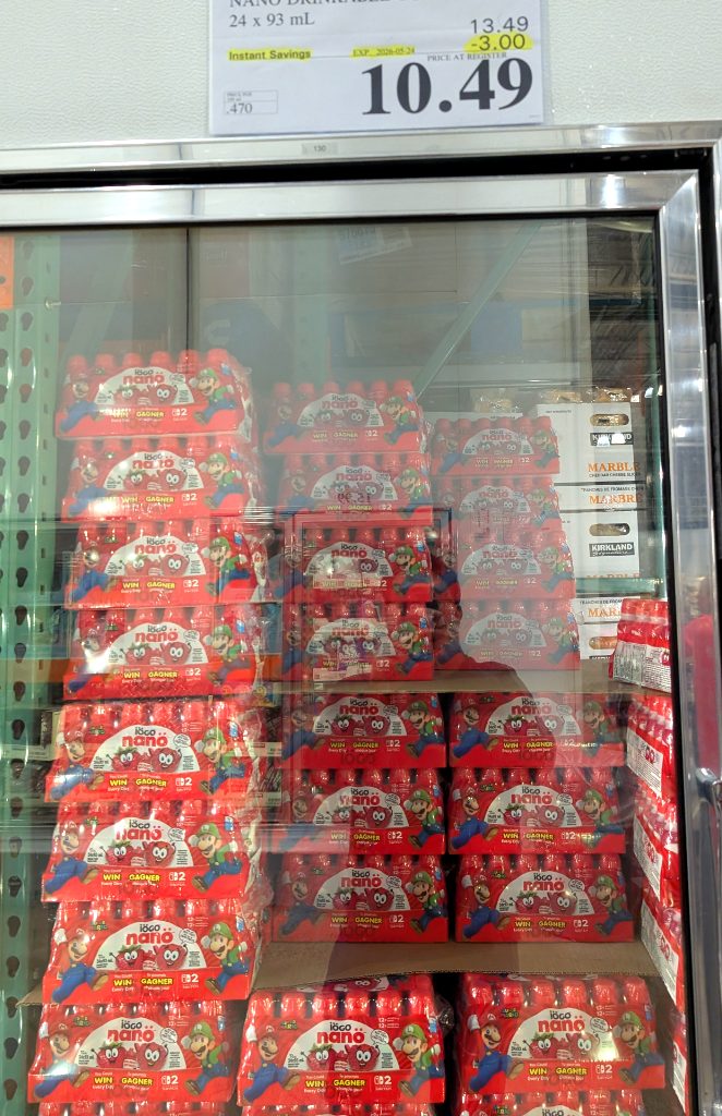 Red IOGO Nano drinkable yogurt 24-pack with Super Mario characters from Costco, $10.49.