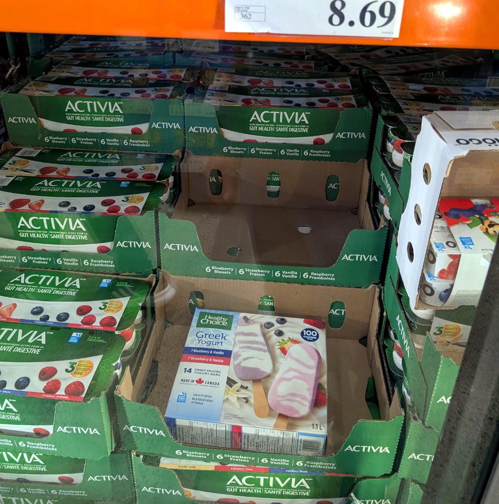 Activia yogurt 24-pack with blueberry, strawberry, vanilla, and raspberry flavors for gut health from Costco.