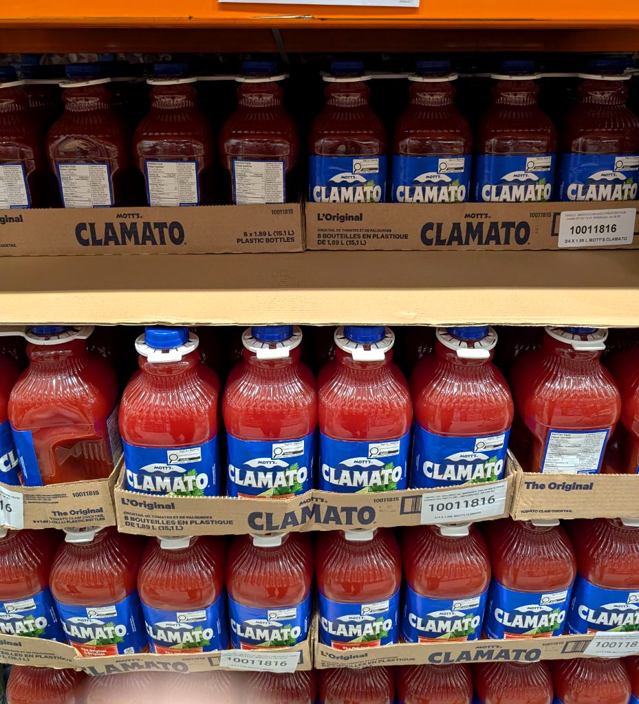 Mott's Clamato tomato clam cocktail, 4x1.89L plastic bottles from Costco, $9.99, ideal for cocktails or cooking.