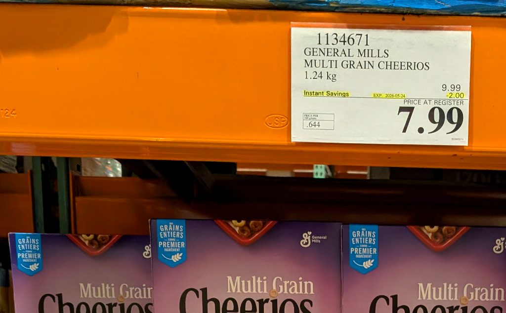 A large 1.24 kg box of General Mills Multi Grain Cheerios from Costco, perfect for a wholesome family breakfast.
