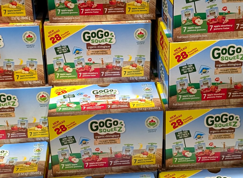 GoGo Squeez organic variety pack fruit sauce pouches (28-count) from Costco, $14.99. Convenient, healthy snack for kids.