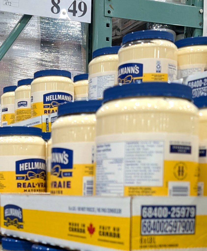 Large 1.8L Hellmann's Real Mayonnaise jar from Costco, made with real ingredients, on sale for $8.49.