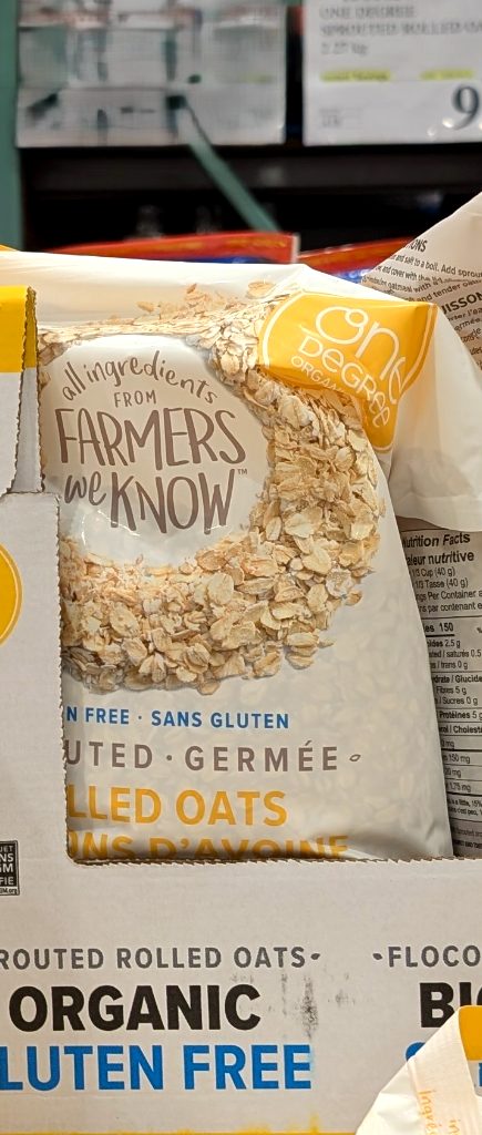 One Degree Organic Gluten-Free Sprouted Rolled Oats, a white and yellow bag from Costco, priced at $9.49.