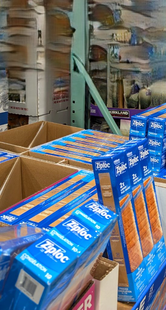 Blue Ziploc X-Large Freezer Bags (3 packs of 10) for food storage from Costco, priced at $15.99.