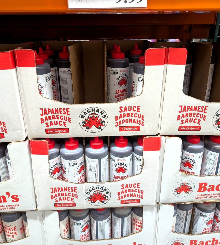 Bachan's Japanese BBQ Sauce 739 mL bottle, original flavor, displayed in bulk at Costco for $9.99.