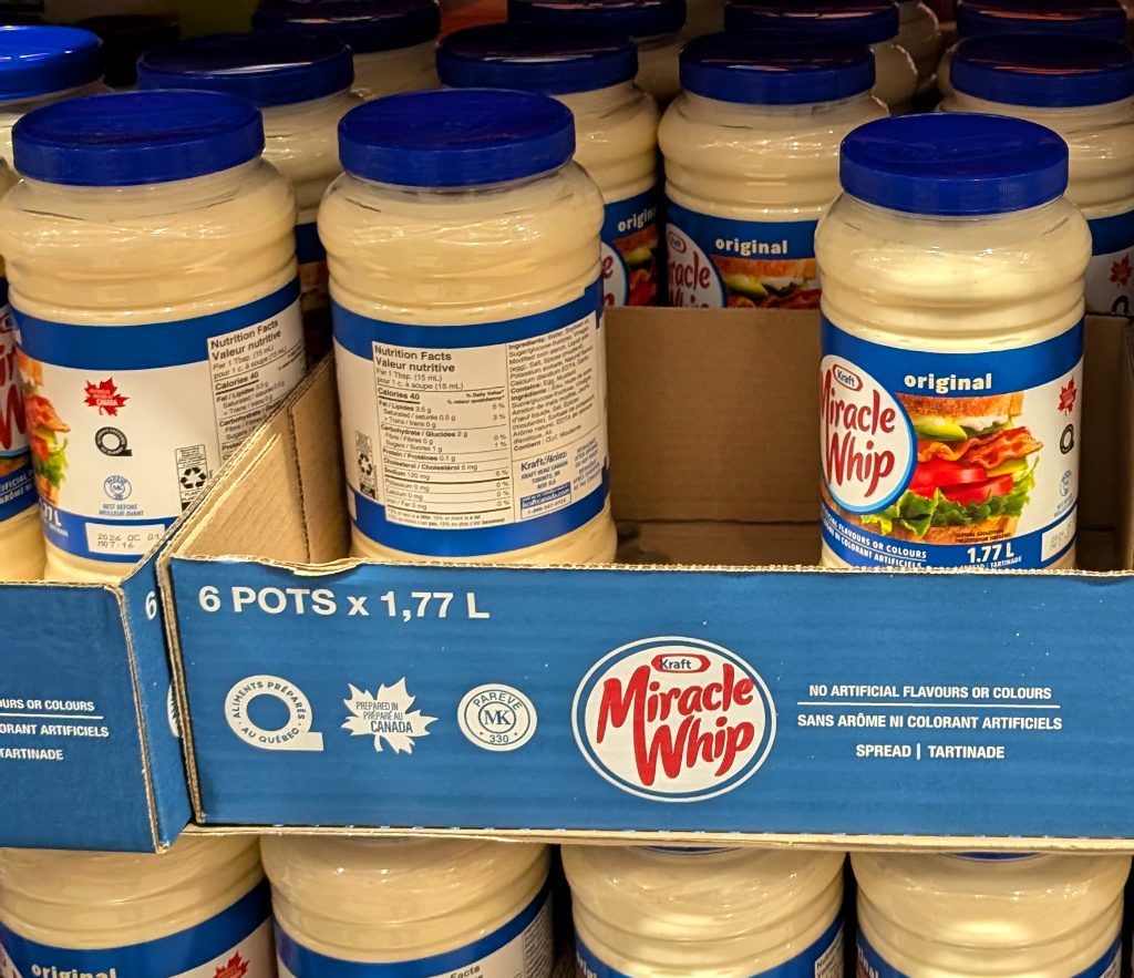 Large 6-pack of Kraft Miracle Whip Original spread, 1.77L pots, from Costco for $5.89, ideal for cooking and sandwiches.