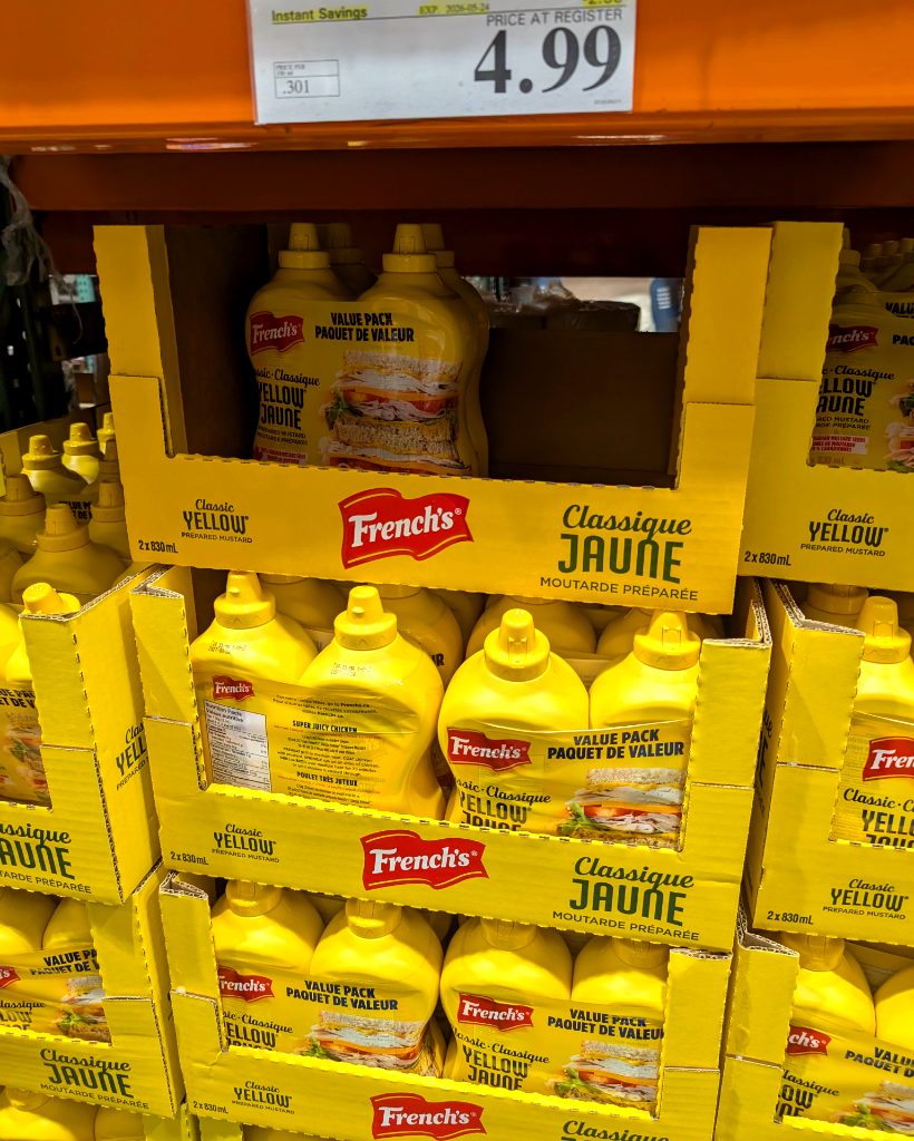 French's Classic Yellow Mustard value pack (2x830mL) from Costco for $4.99. Essential condiment for hot dogs and sandwiches.