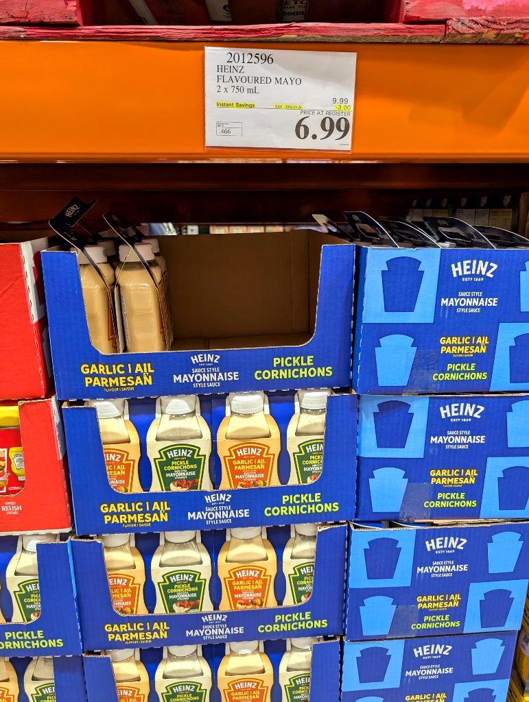Heinz Flavoured Mayo 2x750mL (Garlic Parmesan & Pickle Cornichons) from Costco, $6.99, a condiment for diverse meals.
