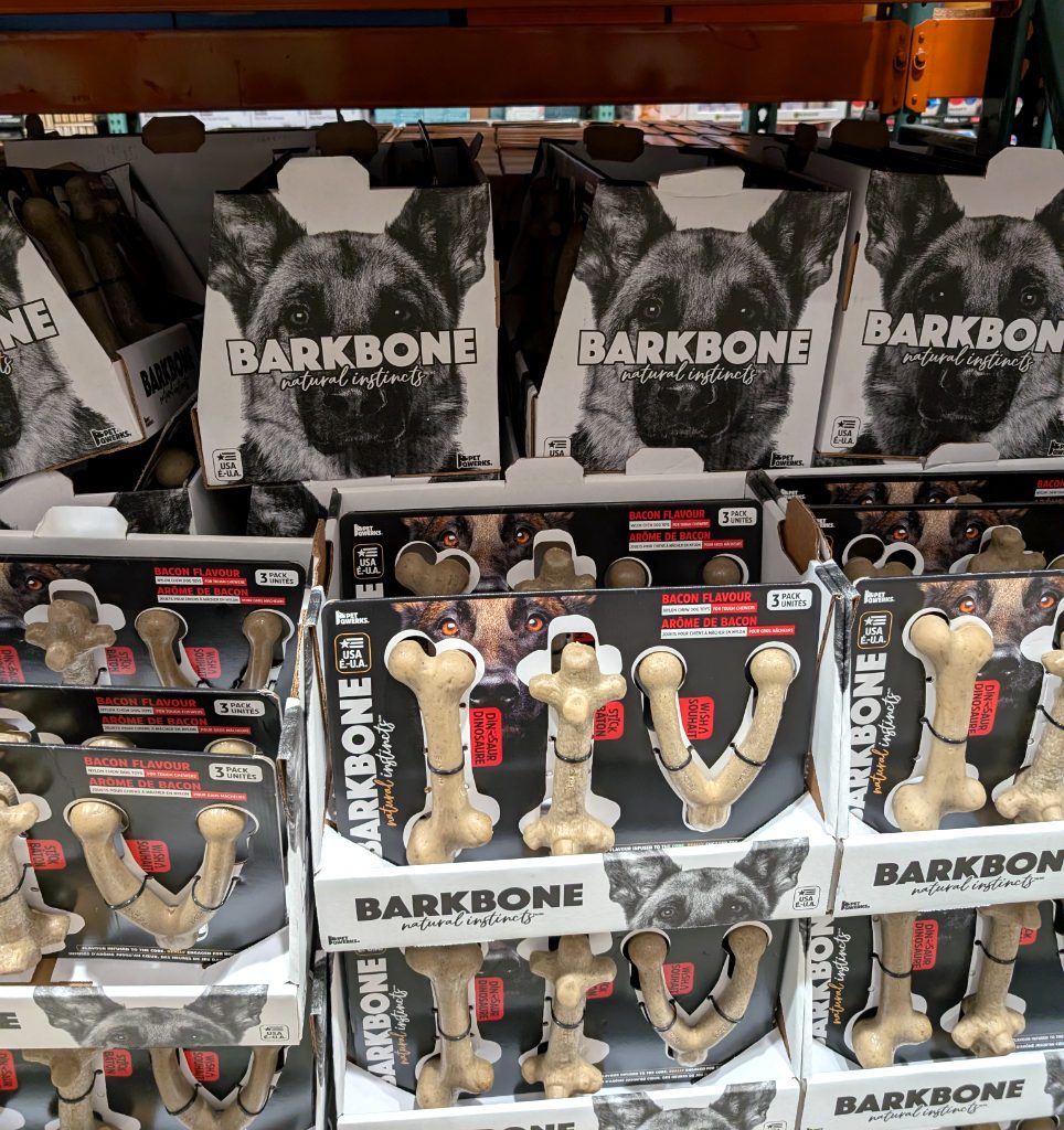 BarkBone Bacon Flavour Nylon Chew Dog Toys, a 3-pack for tough chewers from Costco, priced at $16.99.