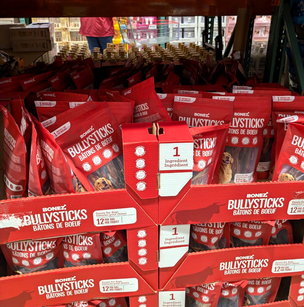 Bonez 9-12 inch Bully Sticks 12-pack, 1-ingredient beef dog treats from Costco for $31.99.