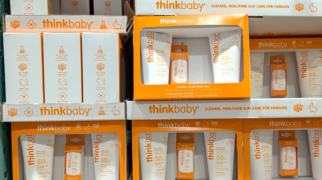 Thinkbaby Kids SPF 50 mineral sunscreen variety pack from Costco, providing broad-spectrum sun protection for families.