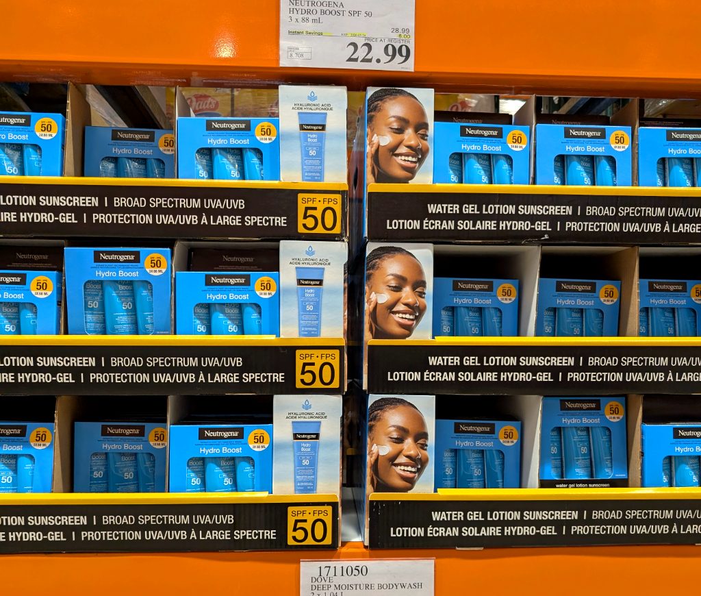 Neutrogena Hydro Boost SPF 50 sunscreen 3-pack from Costco, $22.99. Offers broad-spectrum UVA/UVB protection.