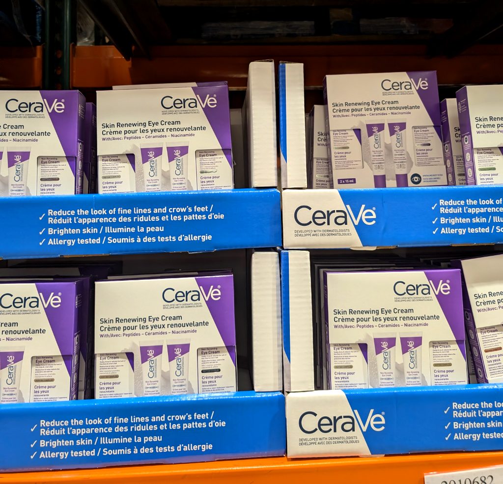 CeraVe Skin Renewing Eye Cream 2 x 15mL, formulated with peptides, ceramides, and niacinamide, available at Costco for $29.97.