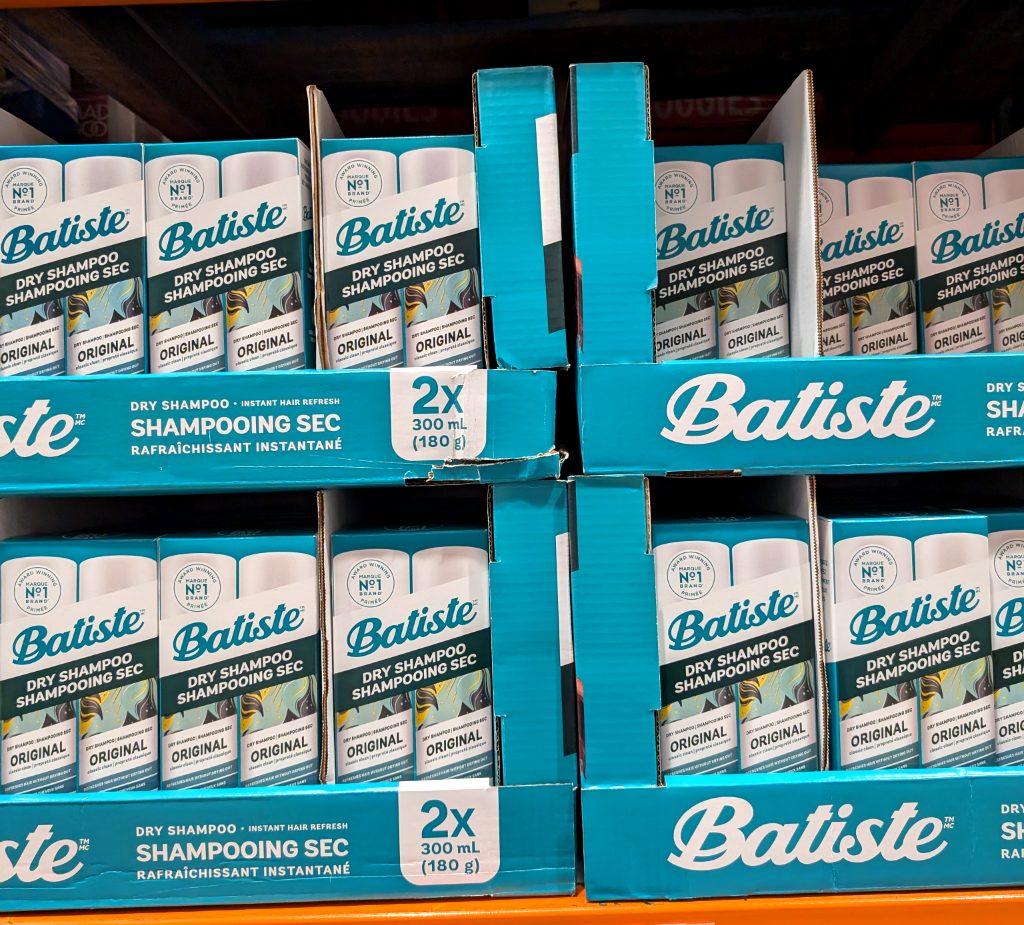 Batiste Original Dry Shampoo 2x300mL pack from Costco for $13.99, offering instant hair refresh and oil absorption.