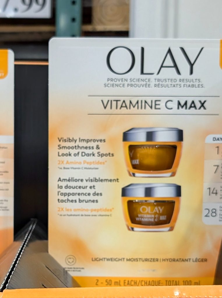 Olay Vitamine C Max lightweight moisturizer 2-pack visibly improves skin smoothness and reduces dark spots, 100ml total from Costco, $47.99.