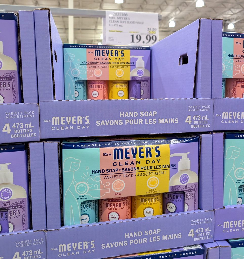 Mrs. Meyer's Clean Day hand soap variety pack with lilac, mint, rose, and daisy scents, 4x473mL bottles from Costco for $19.99.