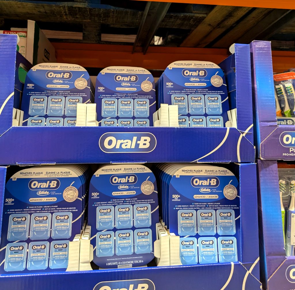 Oral-B Glide Advanced Floss, 6-pack (40m each), from Costco for $15.99, designed for advanced plaque removal and comfortable flossing.