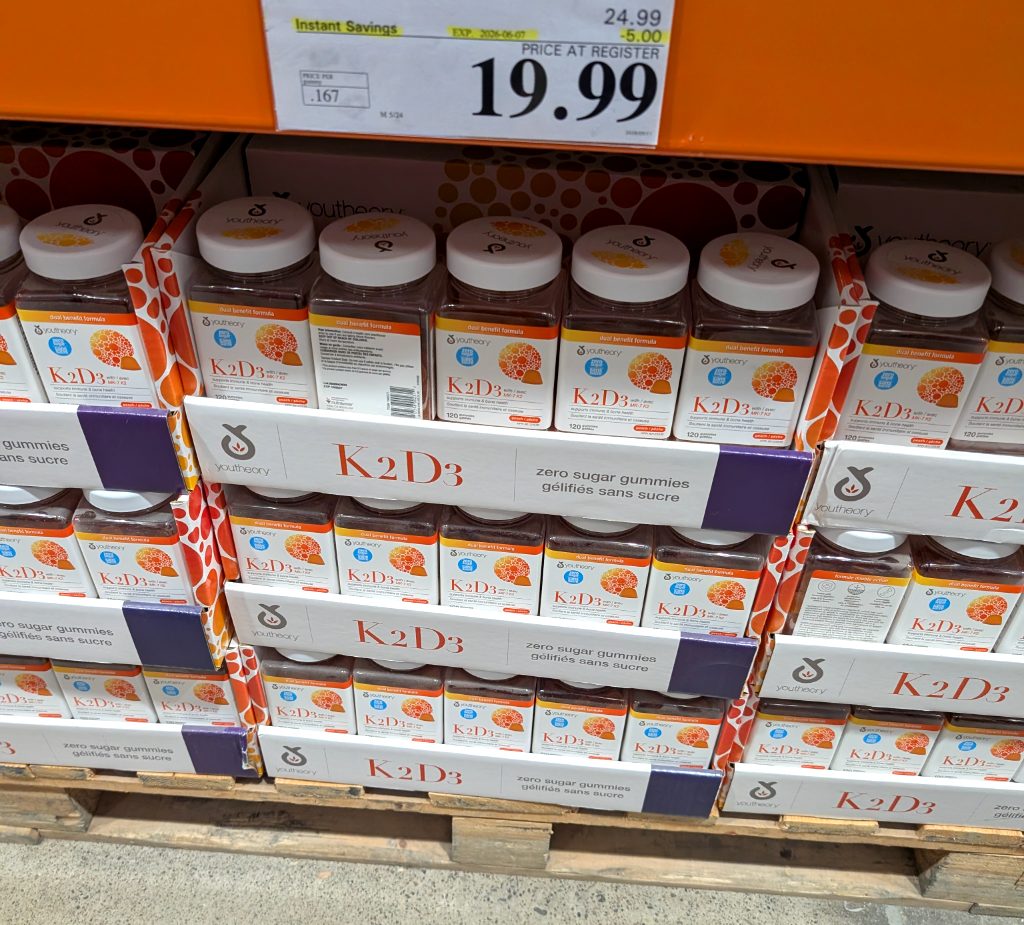 Youtheory Vitamin K2+D3 zero sugar peach gummies (120 count) for immune and bone health from Costco, priced at $19.99.
