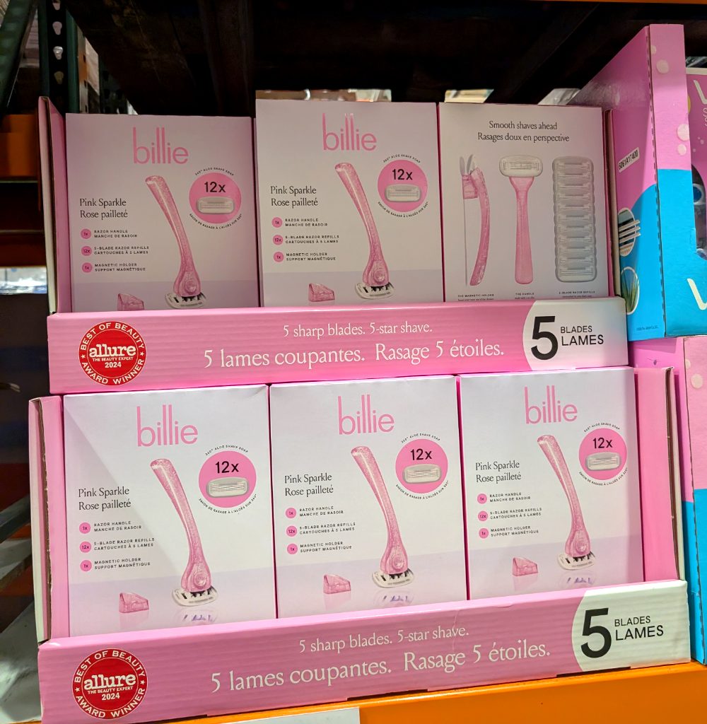 Billie Pink Sparkle Razor pack of 12 with ergonomic handle and 5-blade refills from Costco, priced at $14.97.
