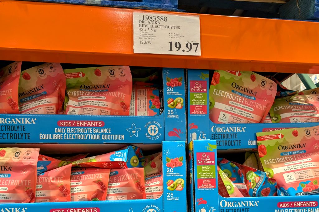 Organika Kids Electrolytes Raspberry and Strawberry Kiwi daily balance drink mix from Costco, 45 servings.