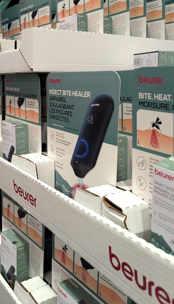 Black Beurer insect bite healer device and packaging for treating bites and stings, available at Costco for $23.99.