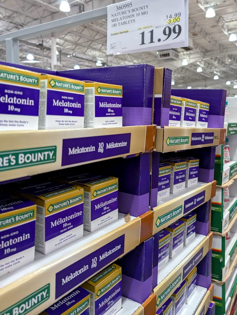 Nature's Bounty Melatonin 10 mg, 180 tablets in purple and yellow packaging from Costco for sleep support.