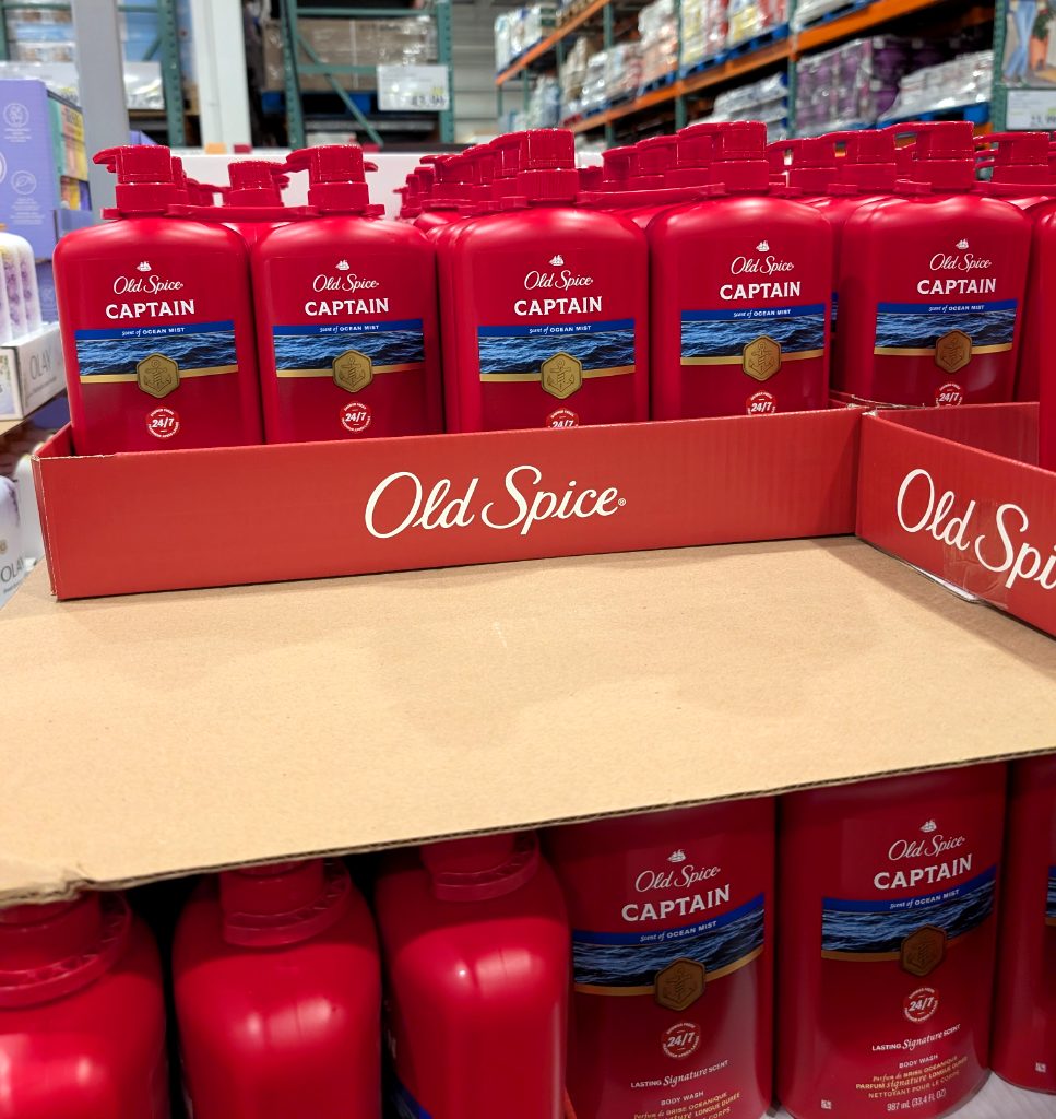 Red Old Spice Captain Body Wash with pump bottles, a 2-pack (2 x 987mL) in Ocean Mist scent, available at Costco for $11.99.