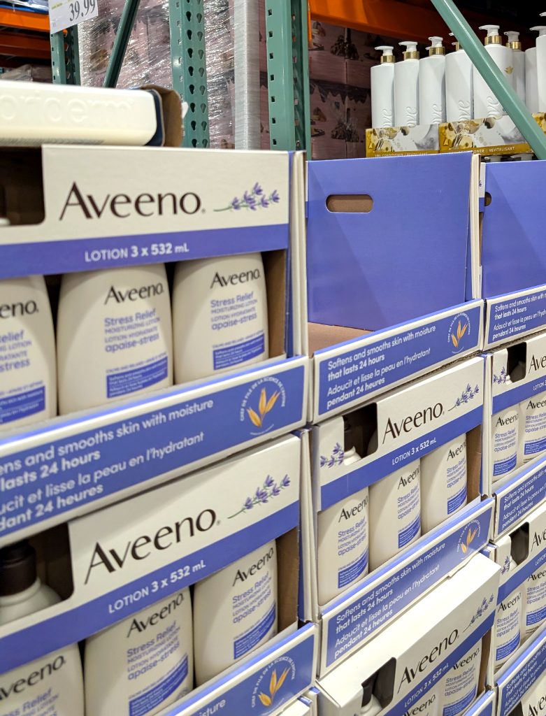 Aveeno Stress Relief Moisturizing Lotion 3x532mL from Costco, $19.99, for 24-hour skin hydration.