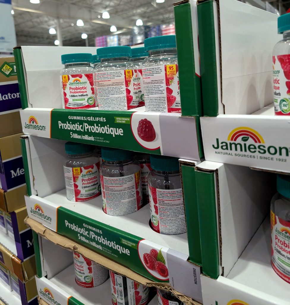 Jamieson Probiotic Gummies, 5 Billion active cells, raspberry flavor for digestive health from Costco, priced at $23.99.