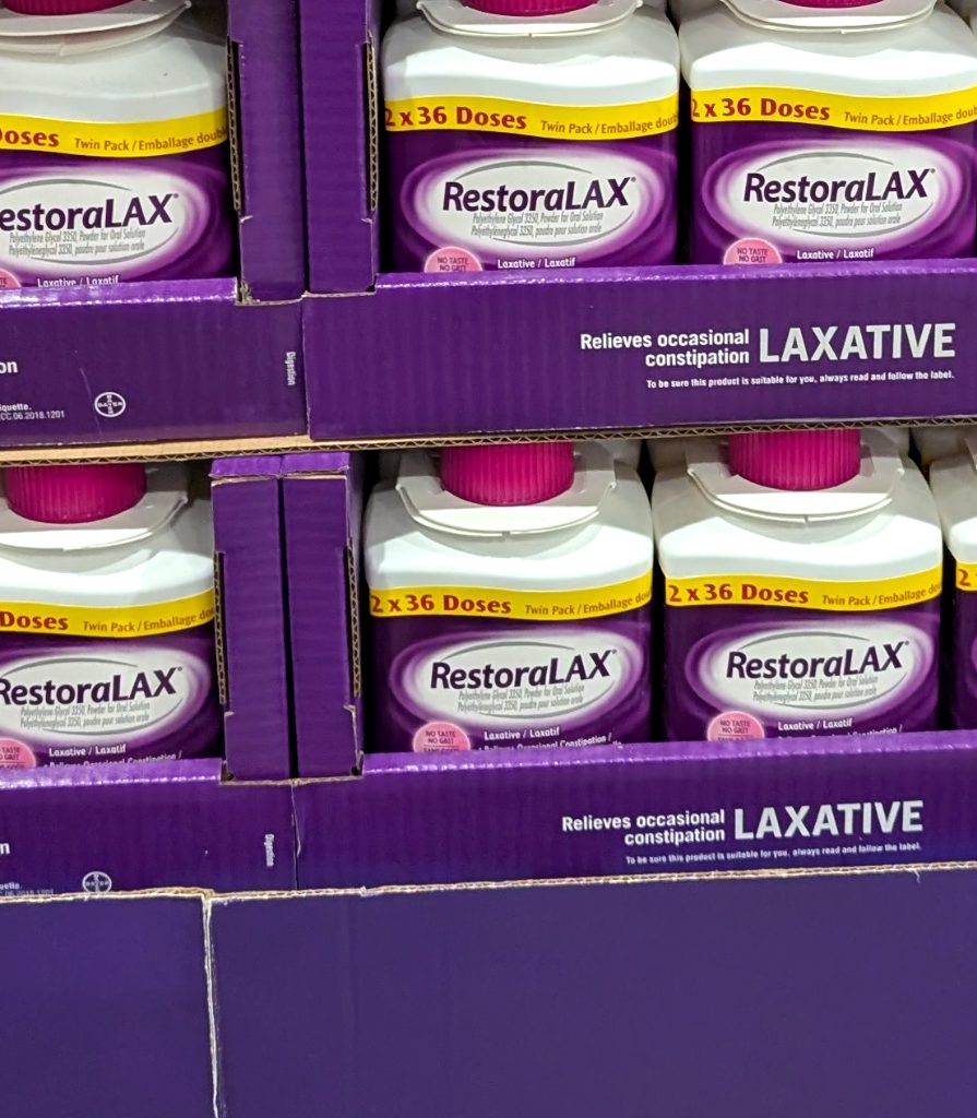 Purple RestoraLAX Laxative twin pack (2x36 doses) for occasional constipation, sold at Costco.
