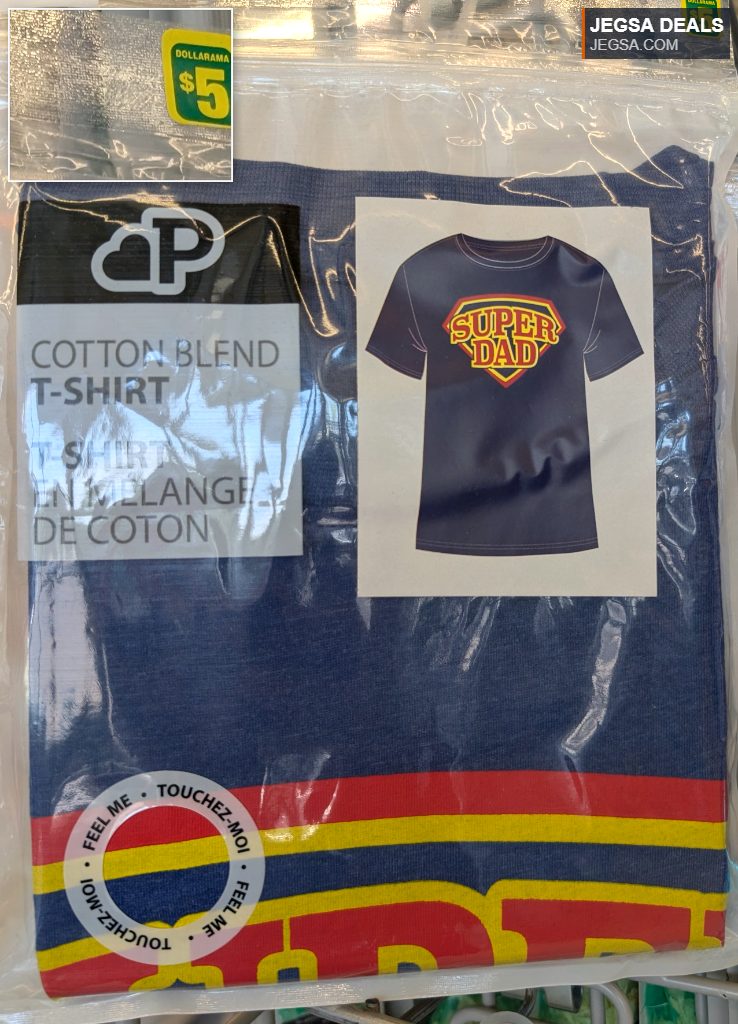Blue cotton blend t-shirt with a 'Super Dad' logo from Dollarama, priced at $5. A fun novelty gift for Father's Day.