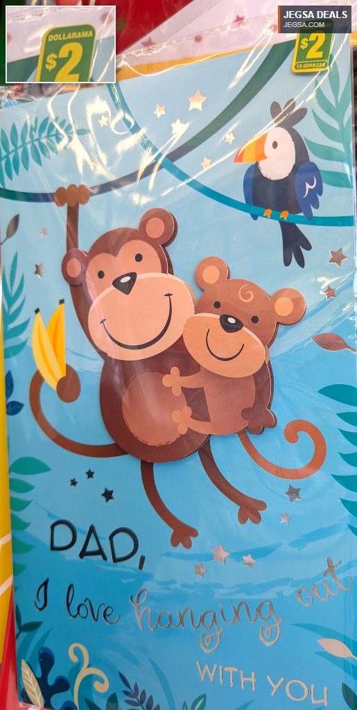 Father's Day greeting card with two smiling monkeys and a toucan on a light blue background from Dollarama, $2.