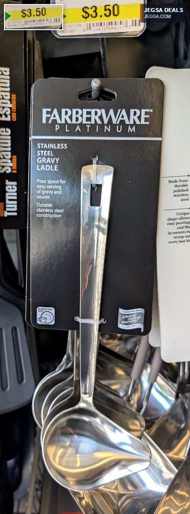 Silver stainless steel Farberware gravy ladle with pour spout for easy serving, found at Dollarama for $3.50.