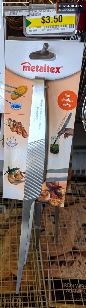 Metaltex extra-long stainless steel cooking tweezer from Dollarama for $3.50, ideal for grilling and precise food handling.