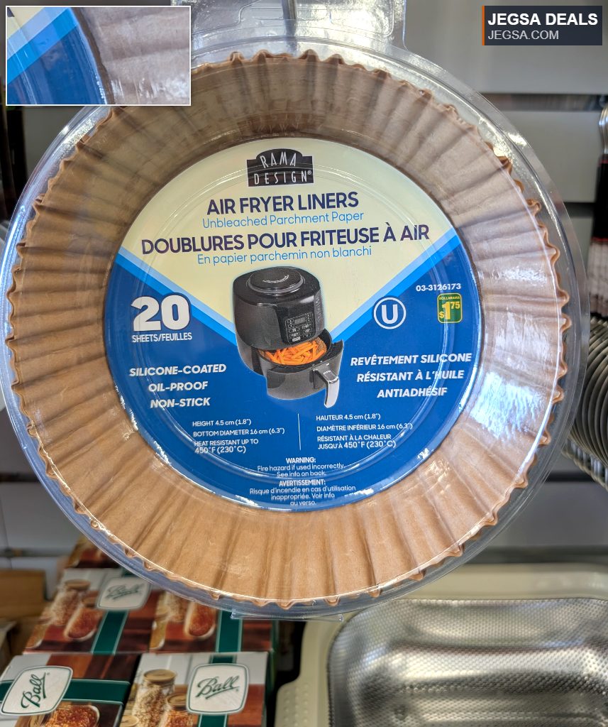 Rama Design unbleached parchment paper air fryer liners (20 sheets) from Dollarama, silicone-coated and non-stick, for $1.75.
