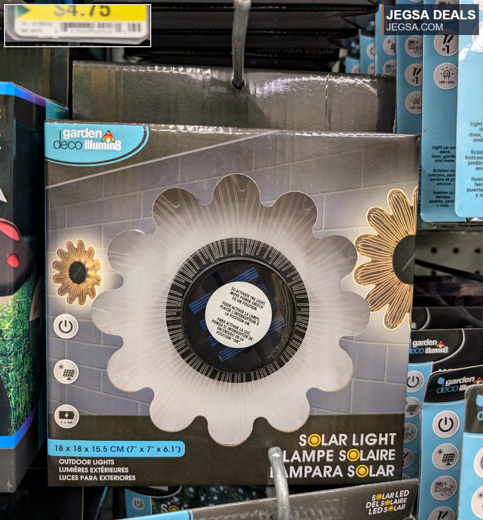Garden Deco Illumin8 solar flower-shaped outdoor light, $4.75 from Dollarama, for patio and garden ambiance.