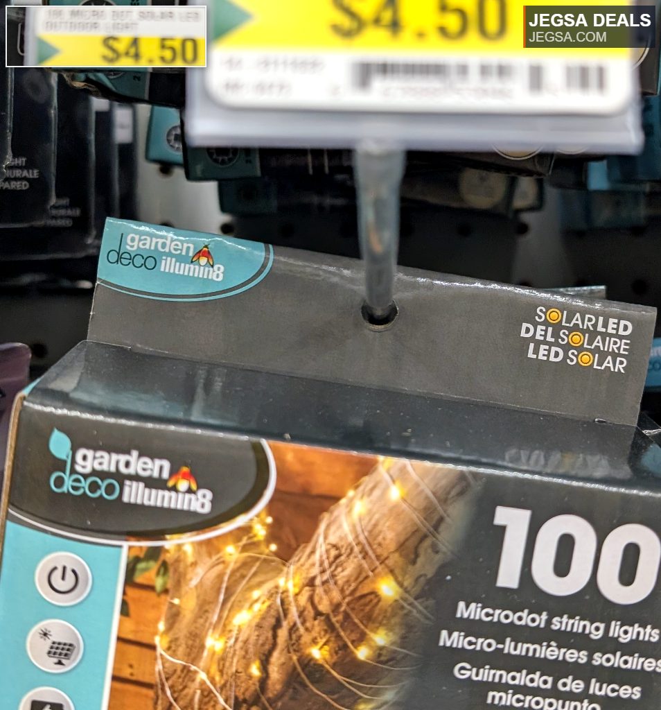 100 warm white microdot solar LED outdoor string lights from Dollarama, $4.50, perfect for garden decor.