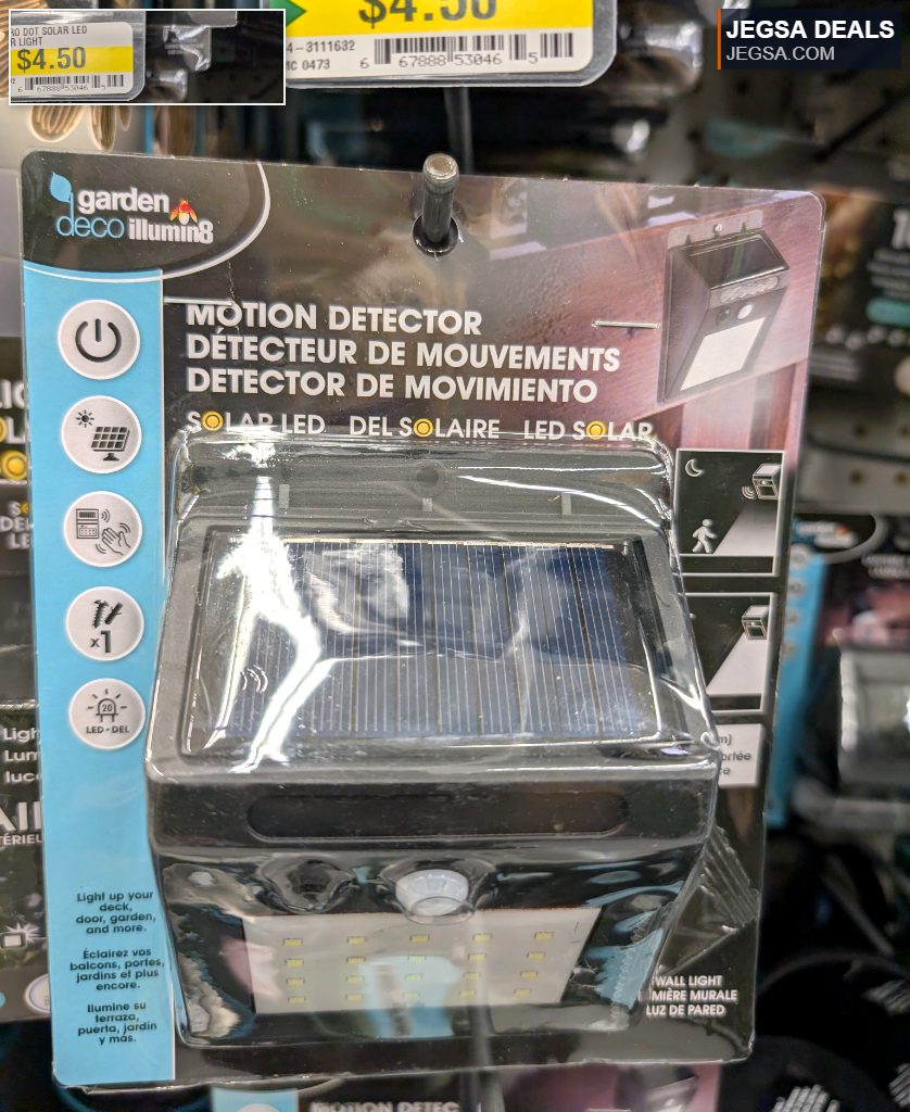 Black motion detector solar LED outdoor light from Dollarama, ideal for decks, doors, and gardens for $4.50.