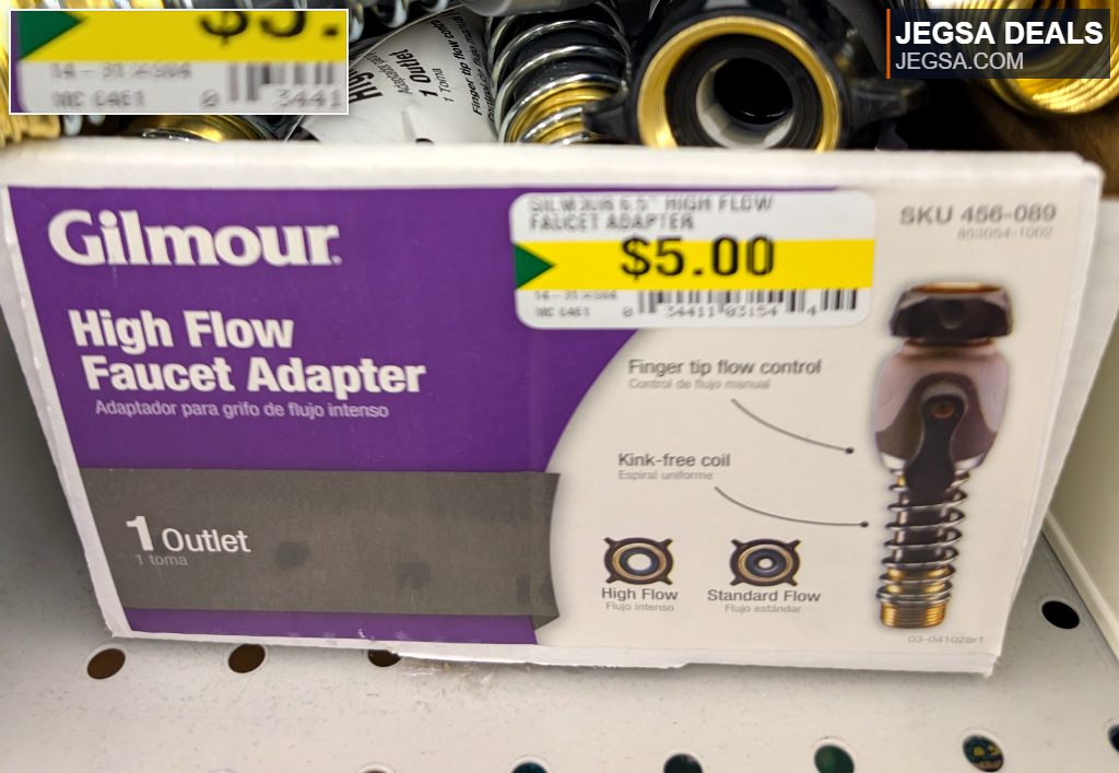 Gilmour High Flow Faucet Adapter with a brass, black, and silver finish for garden hoses, priced at $5.00.