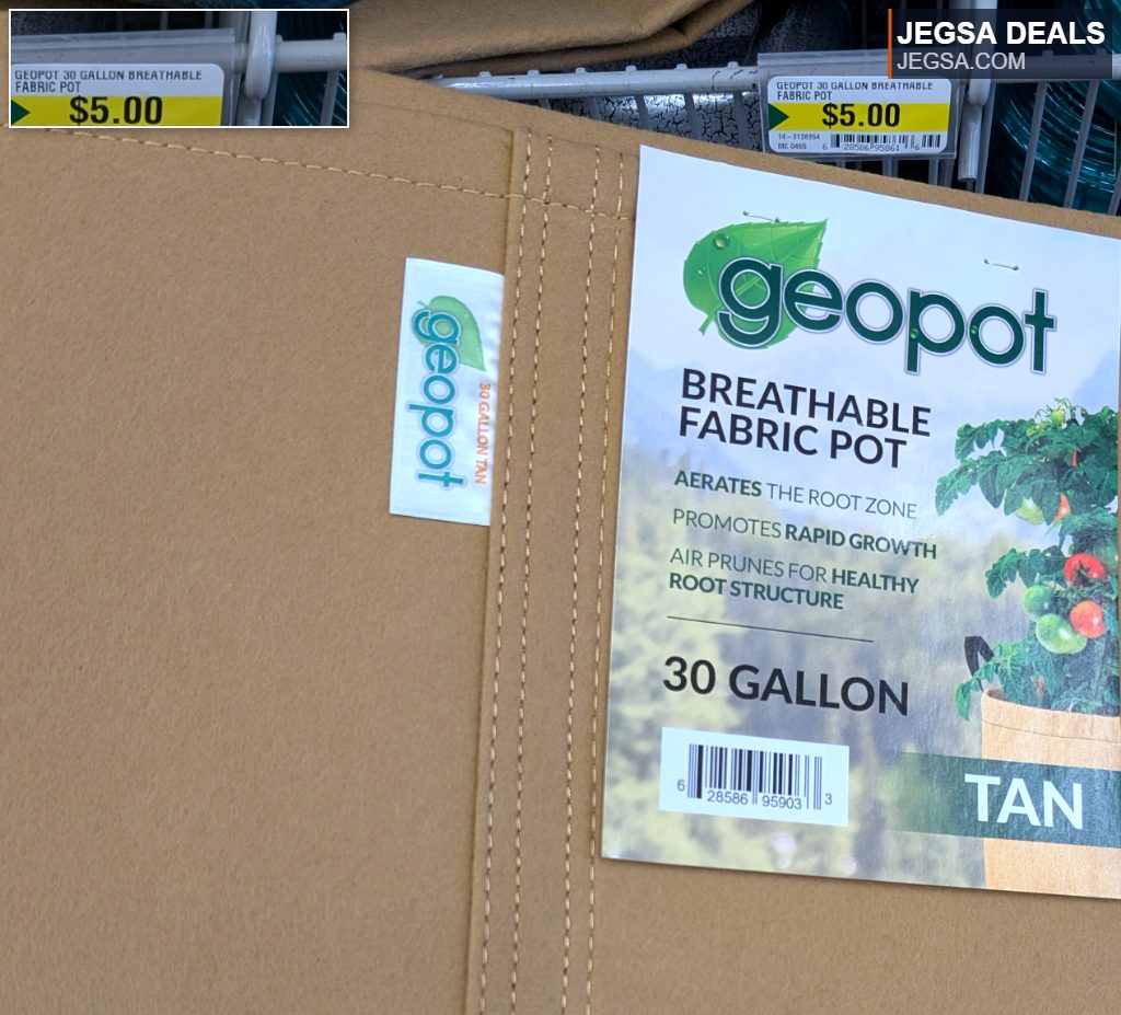 Tan 30 gallon Geopot breathable fabric pot for garden use, promoting healthy plant root growth, priced at $5.00.