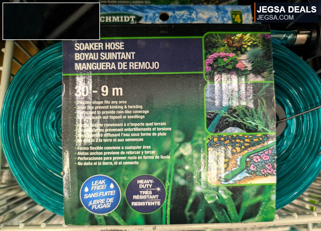 Green Schmidt Soaker Hose, 30ft/9m, for efficient garden watering from Dollarama, priced at $4.