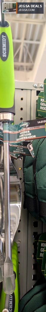 Green and silver Schmidt stainless steel weeder from Dollarama, priced at $4. Perfect for efficient garden weeding.