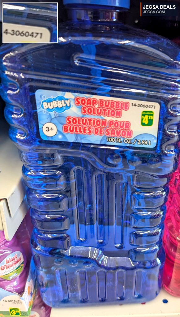 Large blue plastic bottle of Bubbly Soap Bubble Solution, 100 fl oz (2.96 L), from Dollarama, priced at $4.75 for ages 3+.